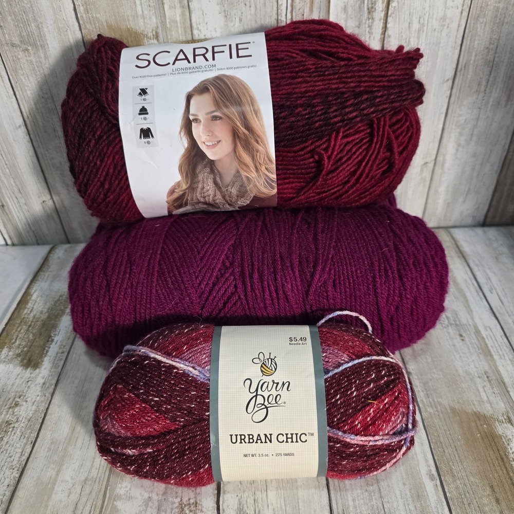 Lion Brand Scarfie & Yarn Bee Urban Chic Yarn Lot Cranberry Berry Plum 4 Skeins